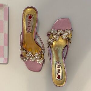 vintage y2k two lips kitten heels pink with gem detail size 6